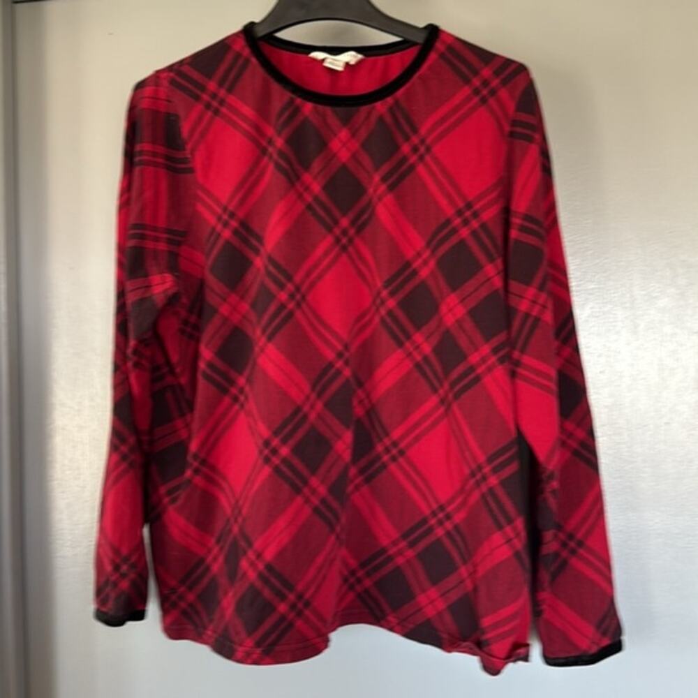 Pendleton Plus 2X Women's Red Black Plaid Pullover Top Long Sleeve Velvet Trim